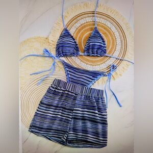 Woman’s 3-piece Bikini & Coverup Set Crocheted Blue Striped Look Bikini Set M